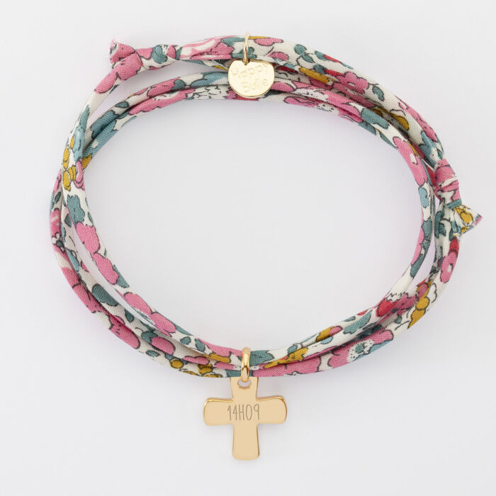 Bracelet Liberty 3 tours personnalisé médaille gravée plaqué or croix 15x13 mm - 14h09