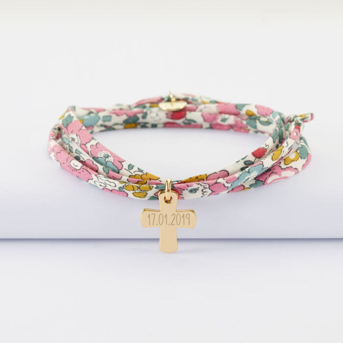 Bracelet Liberty 3 tours personnalisé médaille gravée plaqué or croix 15x13 mm - 17.01.2019