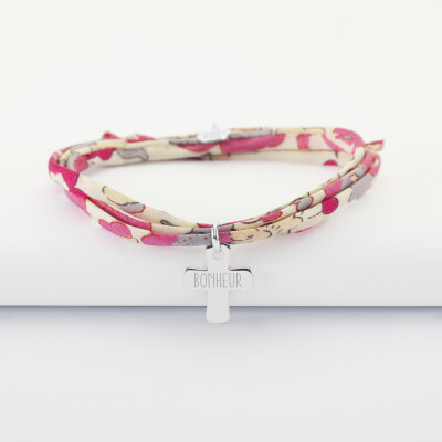 Bracelet Liberty 3 tours personnalisé médaille gravée argent croix 15x13 mm - bonheur
