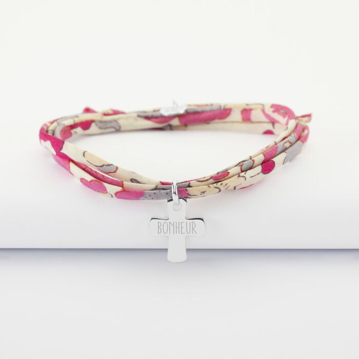 Bracelet Liberty 3 tours personnalisé médaille gravée argent croix 15x13 mm - bonheur