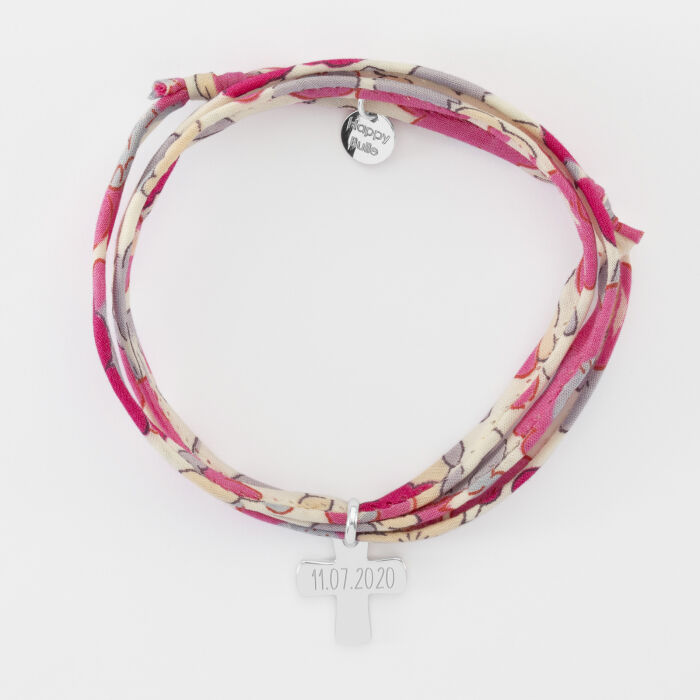 Bracelet Liberty 3 tours personnalisé médaille gravée argent croix 15x13 mm - 11.07.2020