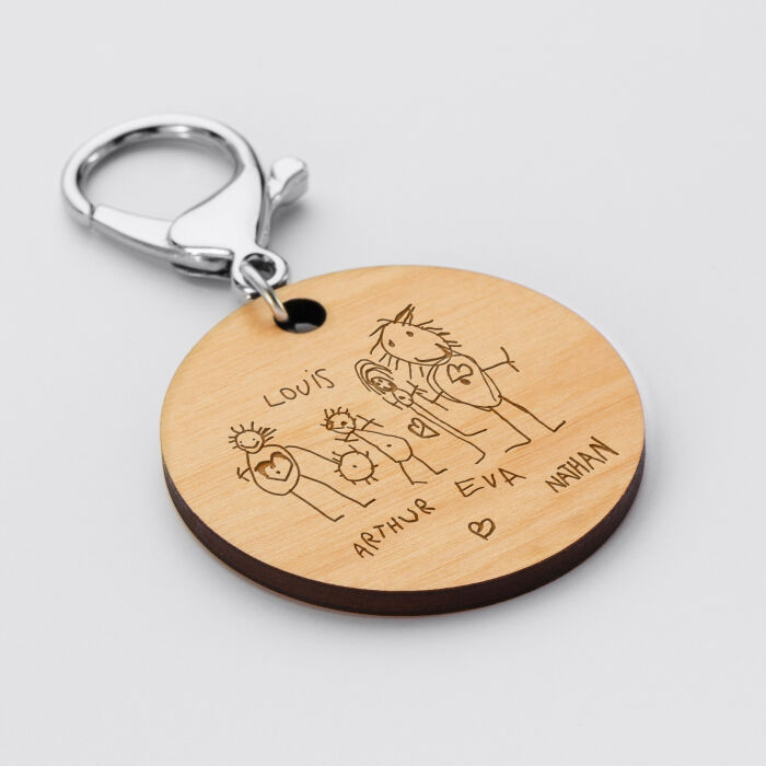 Porte-clés gravé bois médaille ronde 50 mm - Edition spéciale "Super Parrain"  - Prénoms