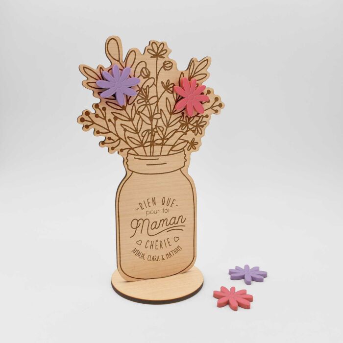 Décoration bouquet de fleurs personnalisé bois gravé 16x9 cm - Edition spéciale "Maman chérie" - amalia, clara et nathan