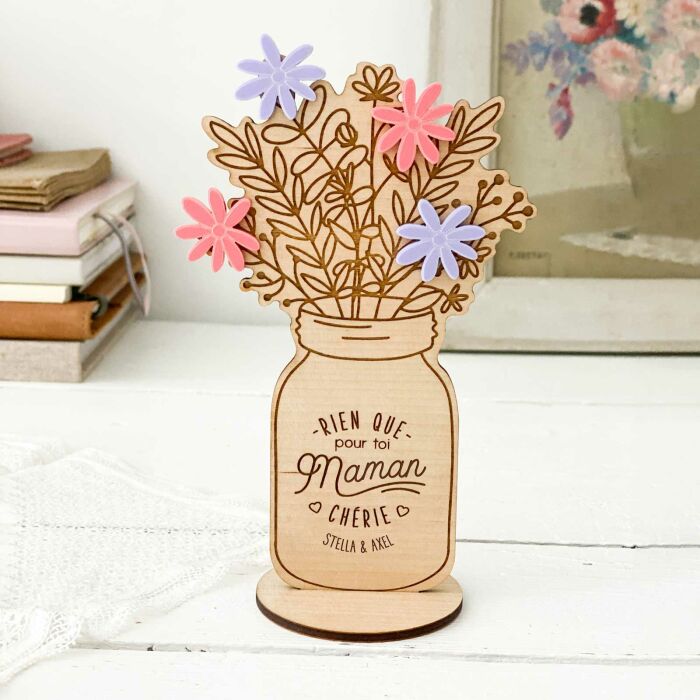 Décoration bouquet de fleurs personnalisé bois gravé 16x9 cm - Edition spéciale "Maman chérie" - ambiance stella et axel