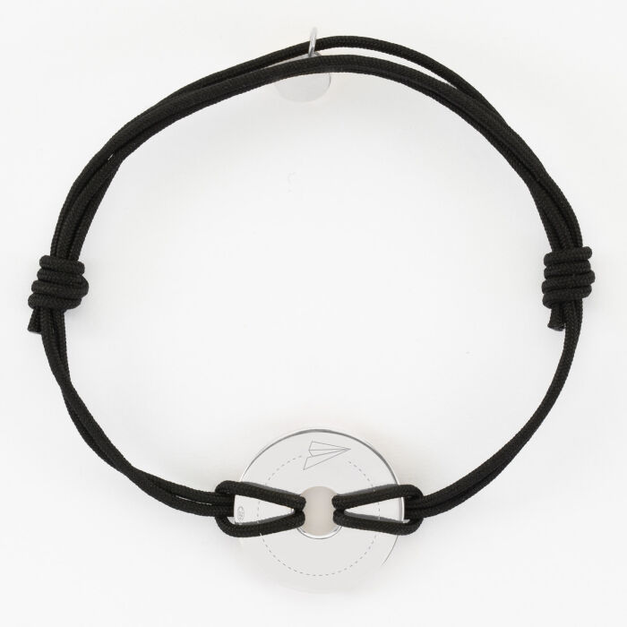 Bracelet homme personnalisé cordon double médaille gravée argent cible soleil 21 mm - illu avion papier