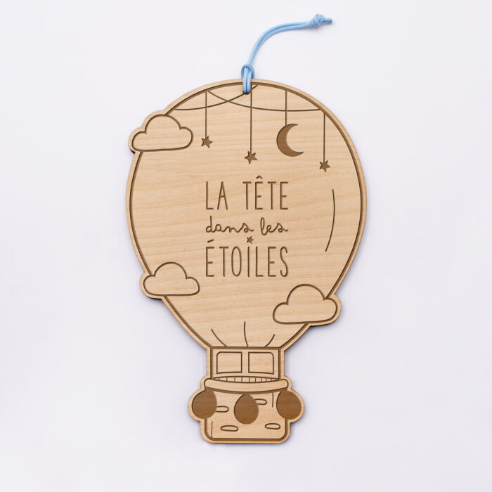 Cadre forme montgolfière personnalisé bois gravé 15x10 cm - illu tête dans les étoiles