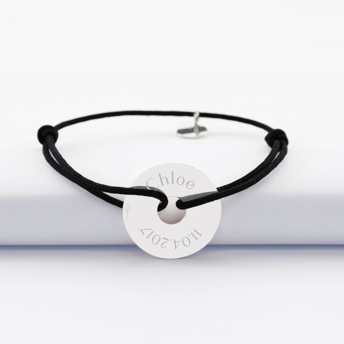 Bracelet personnalisé médaille gravée argent cible soleil 21 mm - prénom et date
