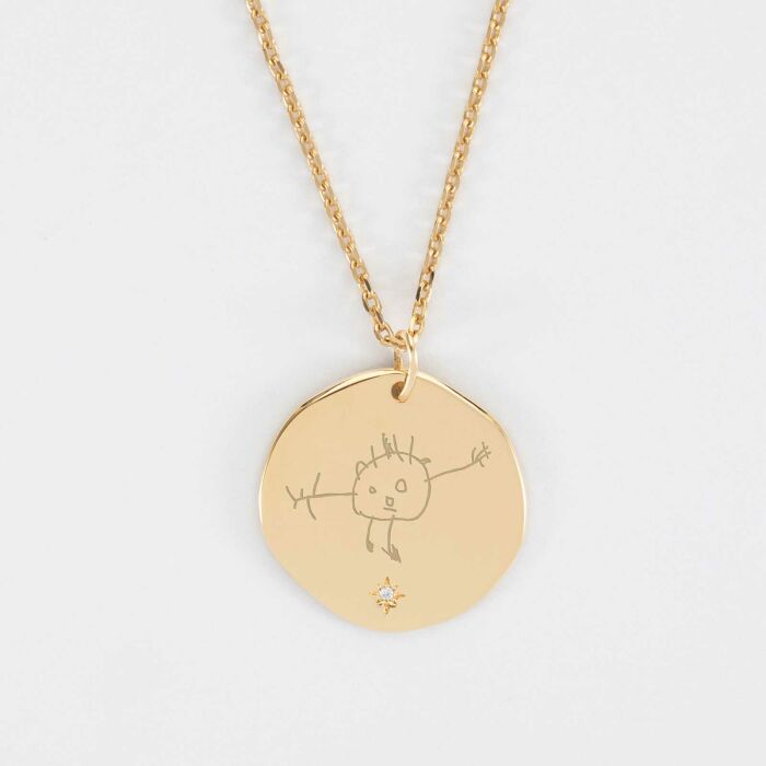 Pendentif personnalisé médaille scintillante gravée plaqué or 20 mm - dessin