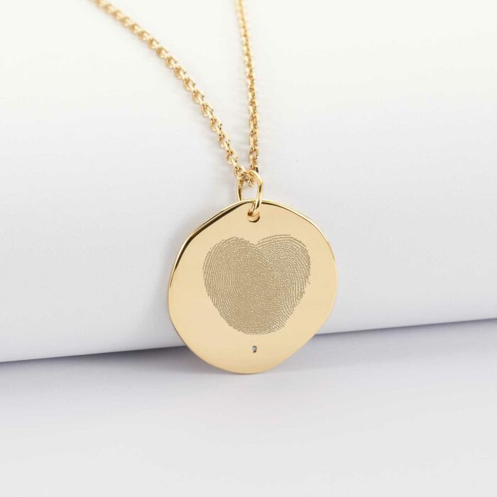 Pendentif personnalisé médaille scintillante gravée plaqué or 20 mm - empreintes coeur