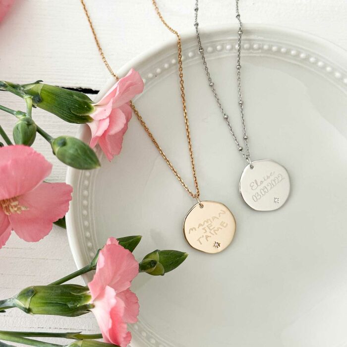 Pendentif personnalisé médaille scintillante gravée plaqué or 20 mm