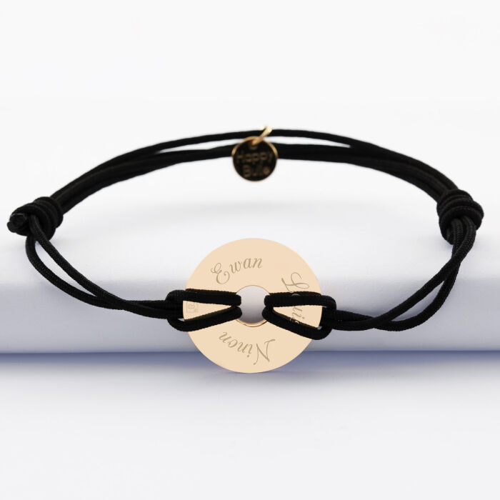 Bracelet homme personnalisé cordon double médaille gravée plaqué or cible soleil 21 mm