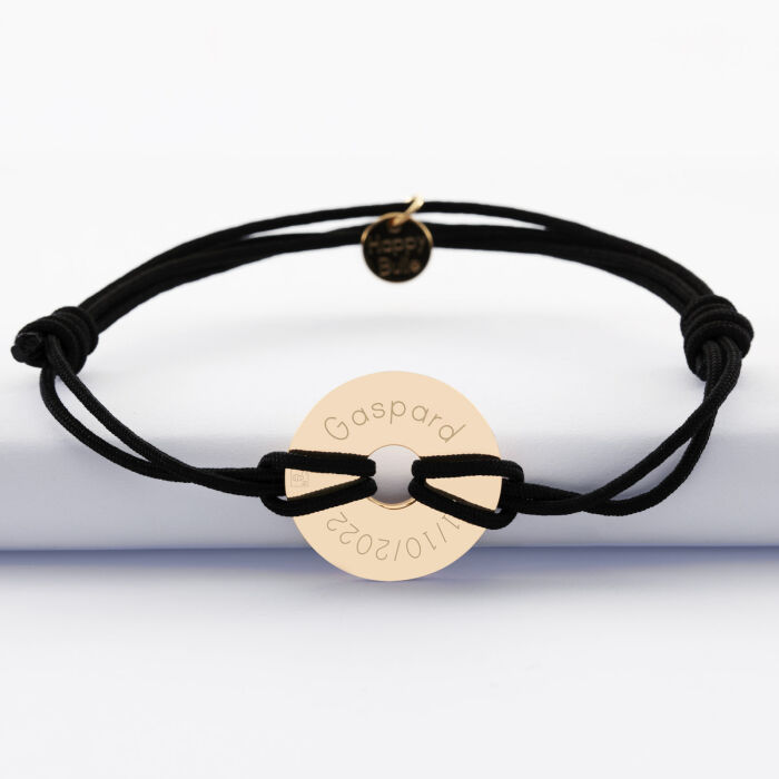 Bracelet homme personnalisé cordon double médaille gravée plaqué or cible soleil 21 mm - gaspard