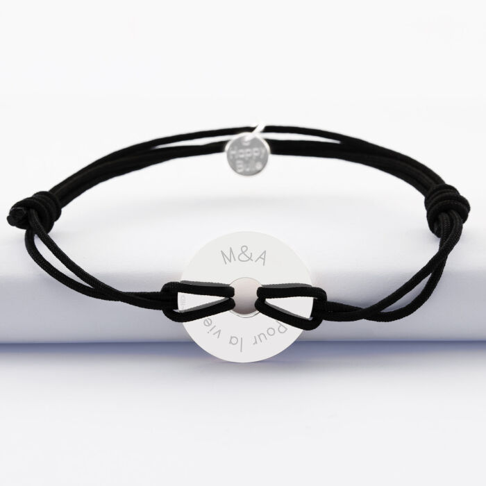 Bracelet homme personnalisé cordon double médaille gravée argent cible soleil 21 mm - M&A