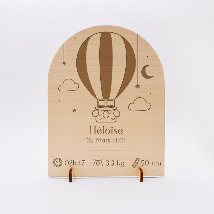 Cadre de naissance montgolfière personnalisé bois gravé 15x11,5 cm - héloise
