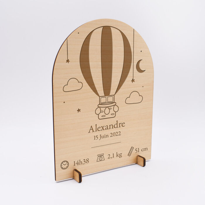 Cadre de naissance montgolfière personnalisé bois gravé 15x11,5 cm - alexandre