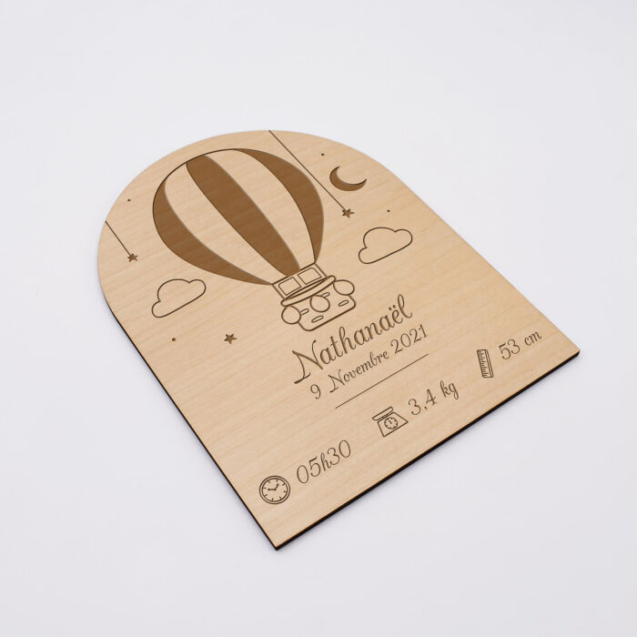 Cadre de naissance montgolfière personnalisé bois gravé 15x11,5 cm - nathanael