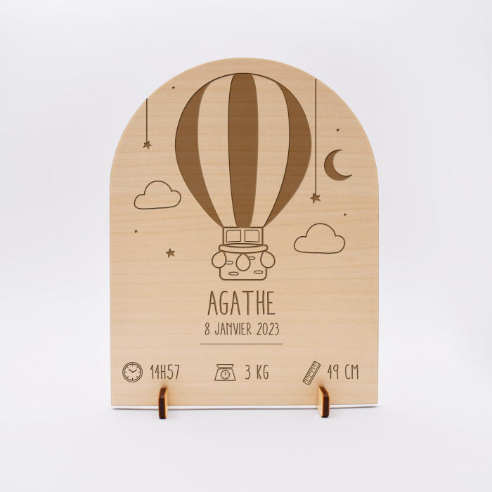Cadre de naissance montgolfière personnalisé bois gravé 15x11,5 cm - agathe