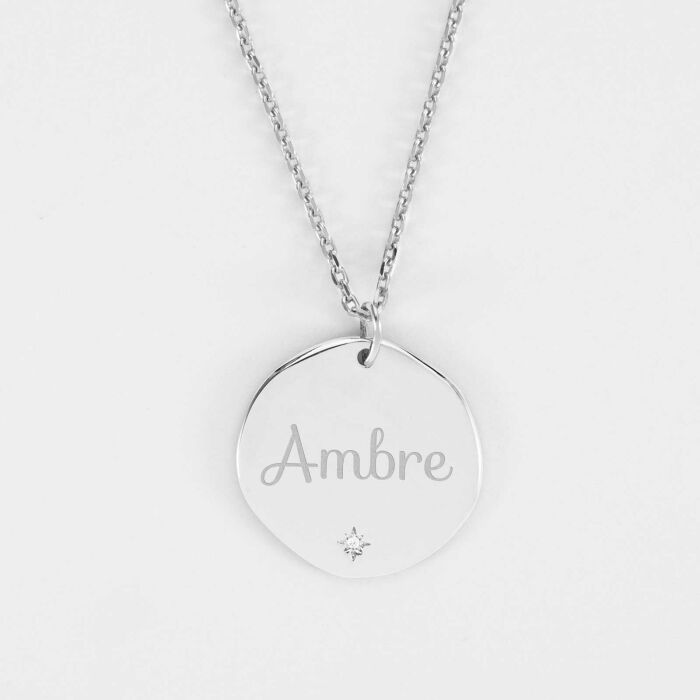Pendentif personnalisé médaille scintillante gravée argent 20 mm - prénom ambre