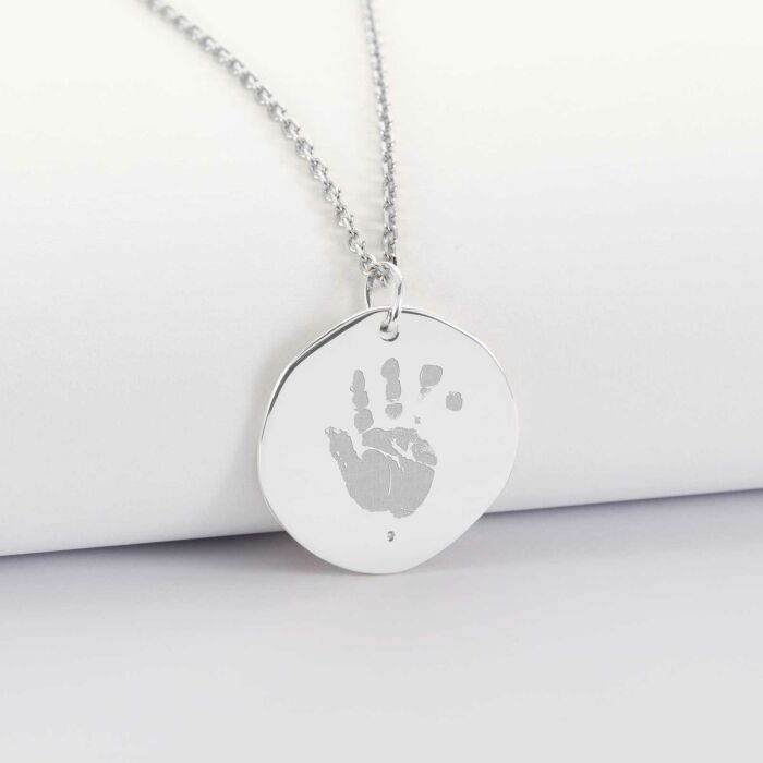 Pendentif personnalisé médaille scintillante gravée argent 20 mm - empreinte main