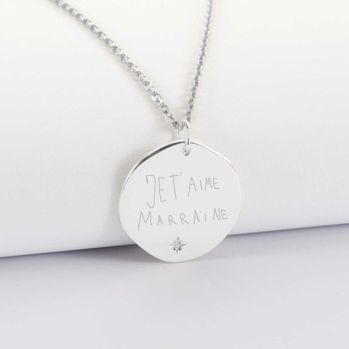 Pendentif personnalisé médaille scintillante gravée argent 20 mm - texte manuscrit