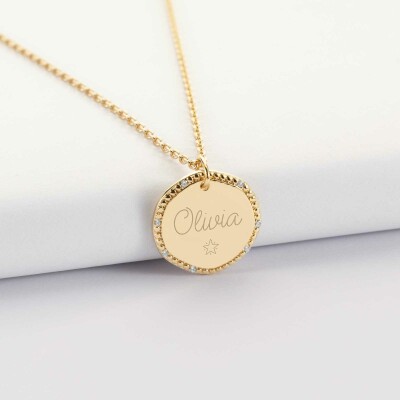 Pendentif personnalisé médaille contour scintillant gravée plaqué or 16 mm - Olivia et pictogramme étoile