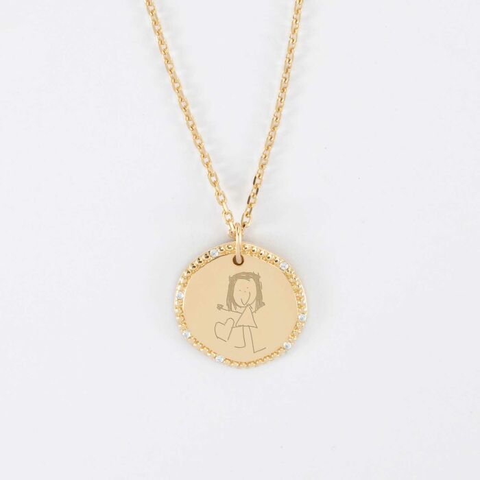 Pendentif personnalisé médaille contour scintillant gravée plaqué or 16 mm - dessin