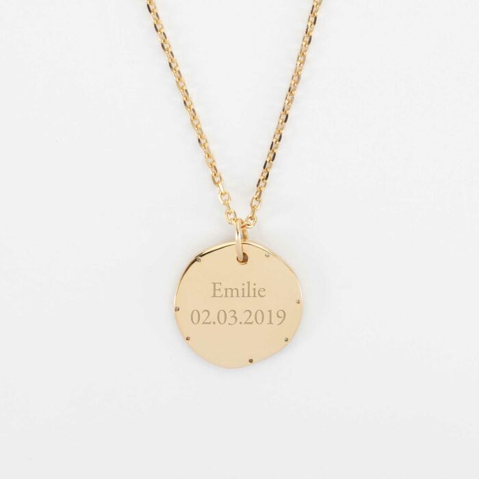 Pendentif personnalisé médaille contour scintillant gravée plaqué or 16 mm - emilie