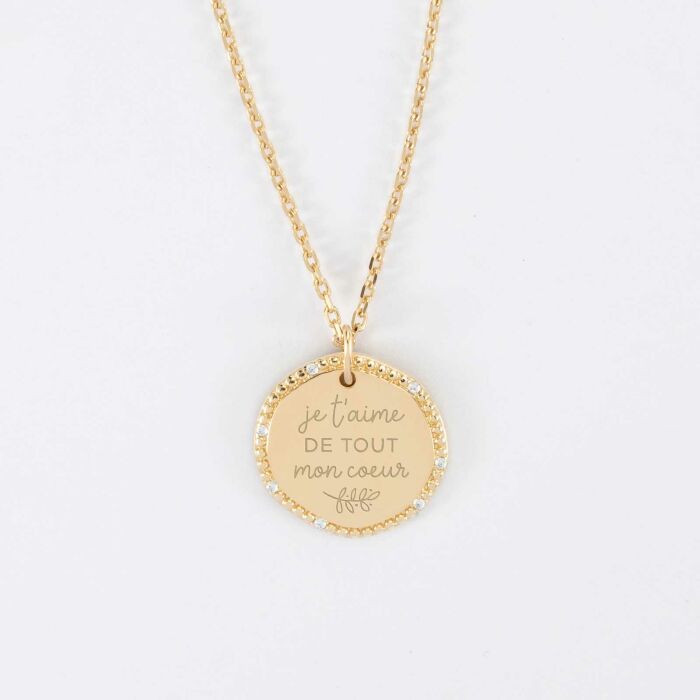 Pendentif personnalisé médaille contour scintillant gravée plaqué or 16 mm - illu je t'aime de tout mon coeur