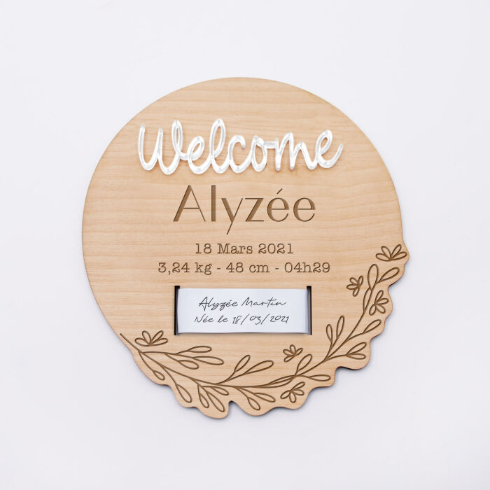 Cadre floral bois support bracelet de naissance personnalisé gravé avec "Welcome" acrylique miroir argenté 13,4x14 cm - 18 mars 2021