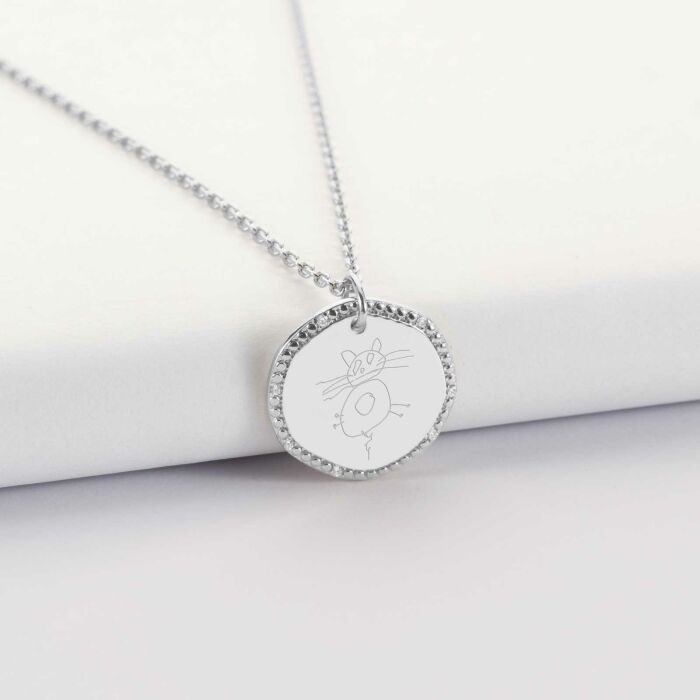 Pendentif personnalisé médaille contour scintillant gravée argent 16 mm - dessin