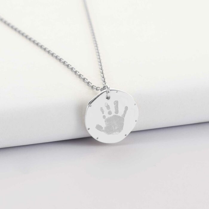Pendentif personnalisé médaille contour scintillant gravée argent 16 mm - empreinte main
