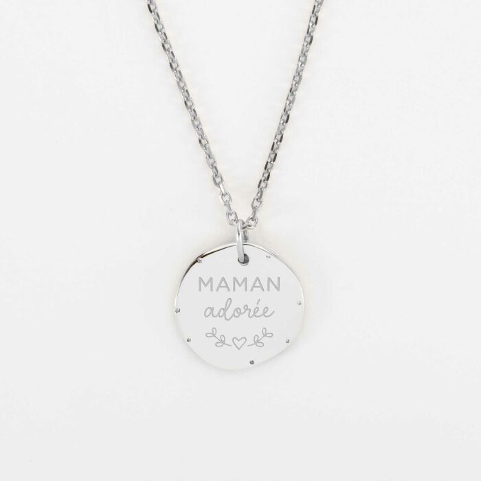 Pendentif personnalisé médaille contour scintillant gravée argent 16 mm - illu maman adorée