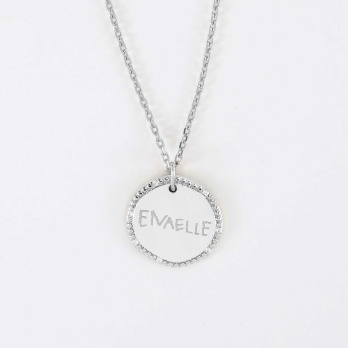 Pendentif personnalisé médaille contour scintillant gravée argent 16 mm - enaelle
