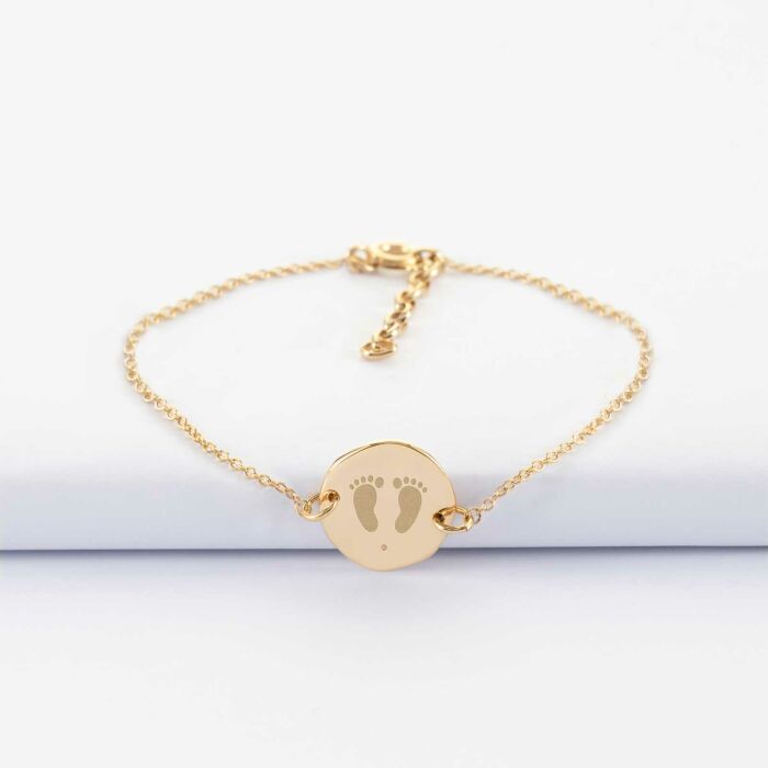 Bracelet chaîne personnalisé médaille scintillante gravée plaqué or initiale 13 mm - picto pieds