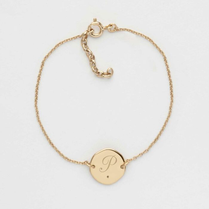 Bracelet chaîne personnalisé médaille scintillante gravée plaqué or initiale 13 mm - p