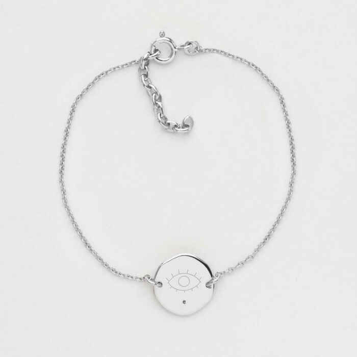 Bracelet chaîne personnalisé médaille scintillante gravée argent initiale 13 mm - picto oeil