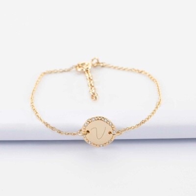 Bracelet chaîne personnalisé médaille contour scintillant gravée plaqué or initiale 11 mm - v