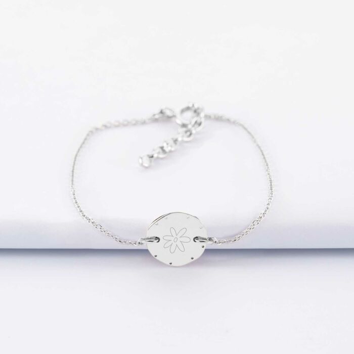 Bracelet chaîne personnalisé médaille contour scintillant gravée argent initiale 11 mm - picto fleur