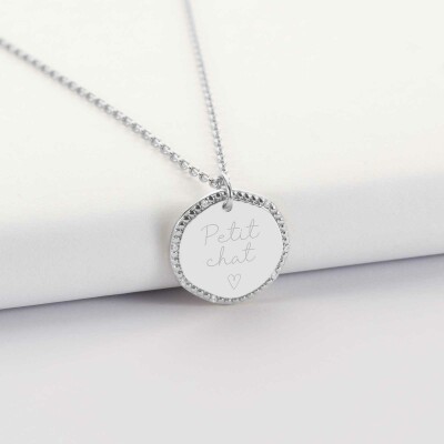 Pendentif enfant personnalisé médaille contour scintillant gravée argent 16 mm - texte et picto coeur