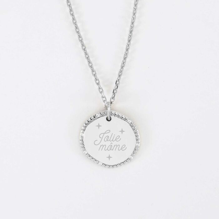 Pendentif enfant personnalisé médaille contour scintillant gravée argent 16 mm - illu jolie mome
