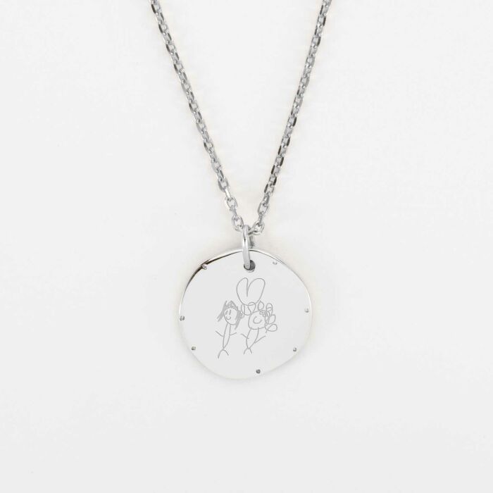 Pendentif enfant personnalisé médaille contour scintillant gravée argent 16 mm - dessin