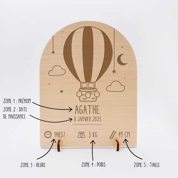 Cadre de naissance montgolfière personnalisé bois gravé 15x11,5 cm - comment ça marche