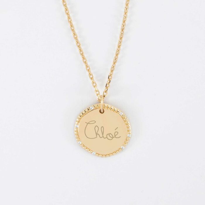 Pendentif enfant personnalisé médaille contour scintillant gravée plaqué or 16 mm - prénom