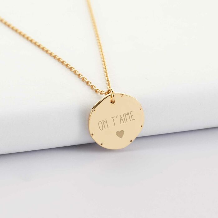 Pendentif enfant personnalisé médaille contour scintillant gravée plaqué or 16 mm - texte et picto coeur