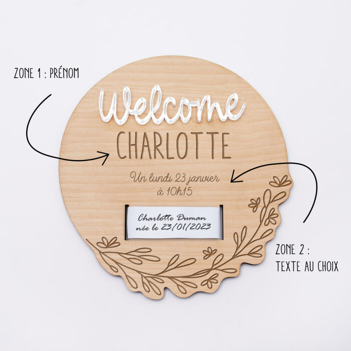 Cadre bracelet de naissance personnalisé bois gravé avec "Welcome" acrylique miroir argenté 13,4x14 cm - comment ça marche