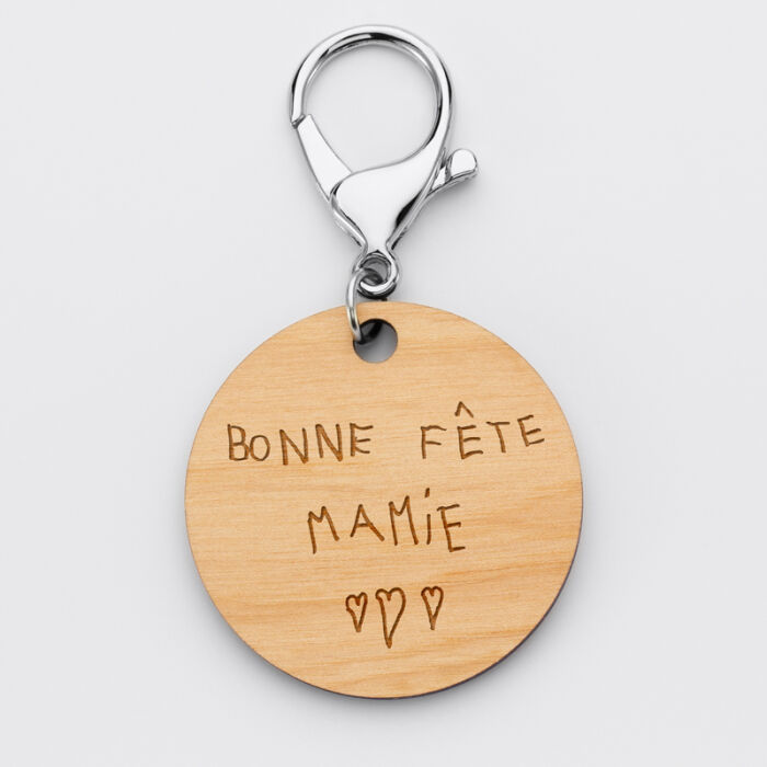 Porte-clés personnalisé prénoms médaille gravée bois ronde 50 mm "Super Mamie" - verso - écrits