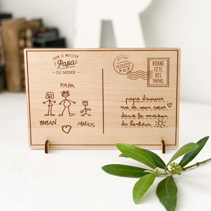 Cadre carte postale papa personnalisé bois gravé 15x10 cm avec support - édition spéciale "Bonne fête papa" - ambiance