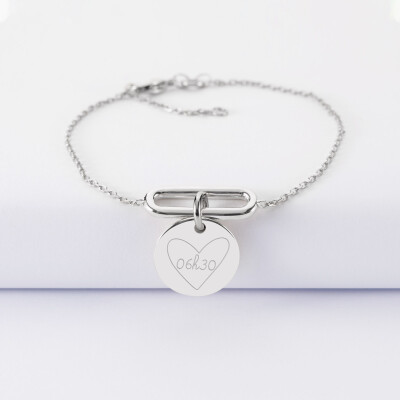 Bracelet chaîne ovale ouvert personnalisé médaille gravée argent 15 mm - HappyBulle x Mon petit Léon - 06h30