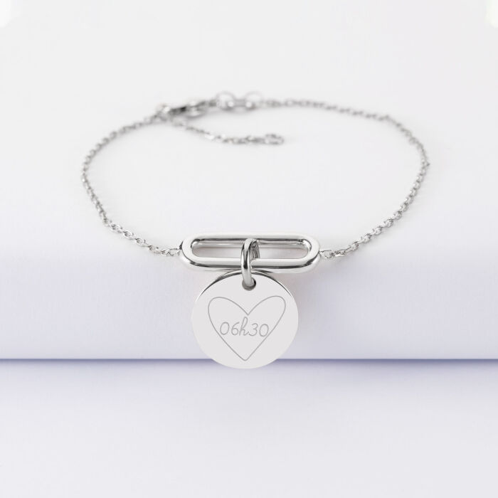 Bracelet chaîne ovale ouvert personnalisé médaille gravée argent 15 mm - HappyBulle x Mon petit Léon - 06h30