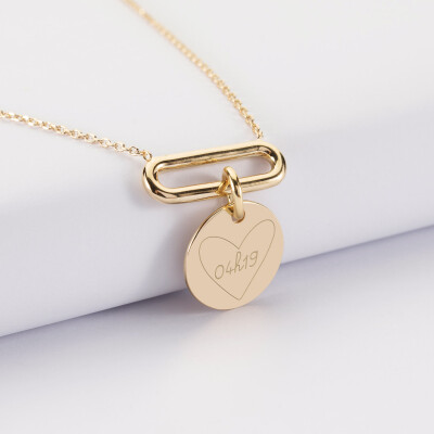 Collier chaîne ovale ouvert personnalisé médaille gravée plaqué or 15 mm - HappyBulle x Mon petit Léon - 04h19